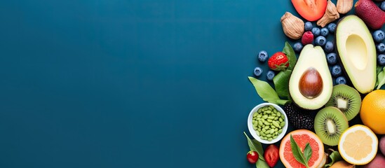 Fototapeta na wymiar Nutritious Harvest: Fresh Produce Spread on a Vibrant Blue Background for Healthy Eating