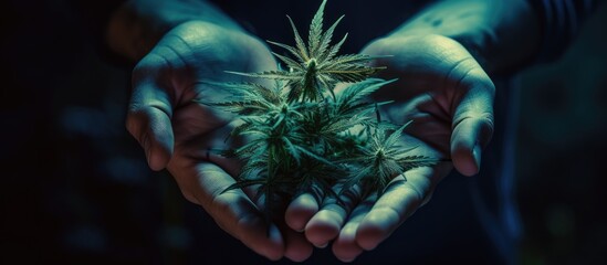 Cultivating Cannabis: Male Hand Holding Green Marijuana Plant for Research and Medical Purposes