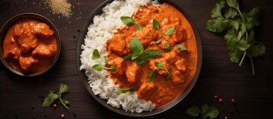 Savory Chicken Curry Together with Flavorful Rice in an Exquisite Culinary Display