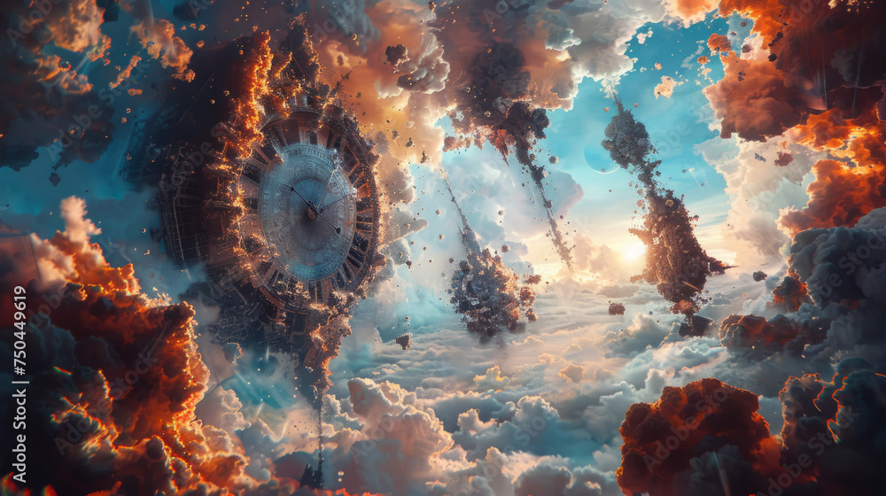 Poster a fantasy landscape with a surreal clock floating amidst clouds under a dramatic sky, illuminated by