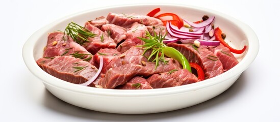 Fresh Raw Beef Meat Slices in a Ceramic Dish with Onions and Peppers for Culinary Delight