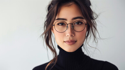 Fototapeta premium Beautiful studio portrait of young, stylish, beautiful asian woman, long hair, with modern design eye glasses looking at camera with confidence on white background