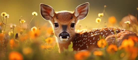 Fototapeten Innocent Roe Deer Fawn Resting Among Wildflowers in Normandy Forest Clearing © HN Works