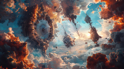 A fantasy landscape with a surreal clock floating amidst clouds under a dramatic sky, illuminated by a warm sunset, creating a scene of timelessness and dream-like atmosphere.