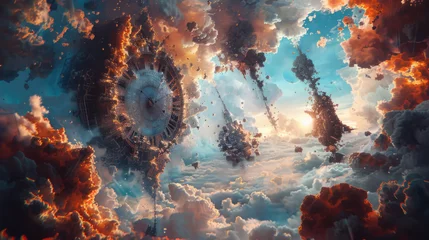 Cercles muraux Gris 2 A fantasy landscape with a surreal clock floating amidst clouds under a dramatic sky, illuminated by a warm sunset, creating a scene of timelessness and dream-like atmosphere.