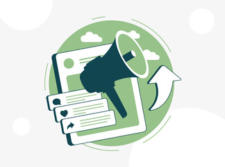 Organic social media posting, content creation graphics, authentic storytelling, smm audience engagement, genuine social media presence, community building visual vector illustration isolated on white