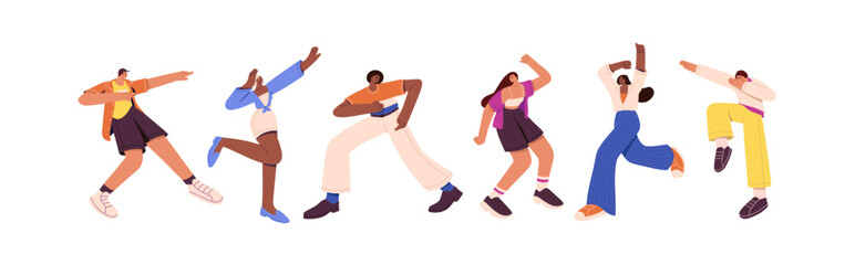 Different people dance set. Modern dancers perform freestyle hip hop at party. Happy performers move by disco music. Young men and women have fun. Flat isolated vector illustration no white background