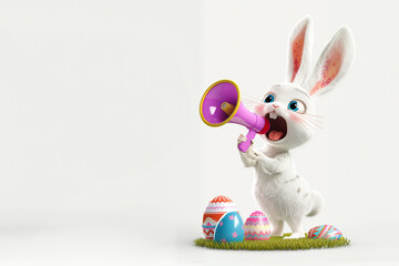 Fototapeta premium Osterhase mit bunten Ostereier und Megafon als Cartoons