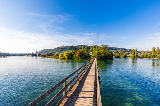 Switzerland, Thurgau, Eschenz, Wooden bridge leading to Werd monastery