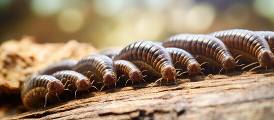 Swarm of Millipedes Crawling on Weathered Log in Natural Habitat