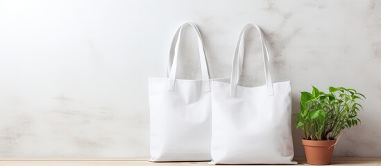 Minimalist White Bags Displayed on Rustic Wooden Surface for Brand Promotion