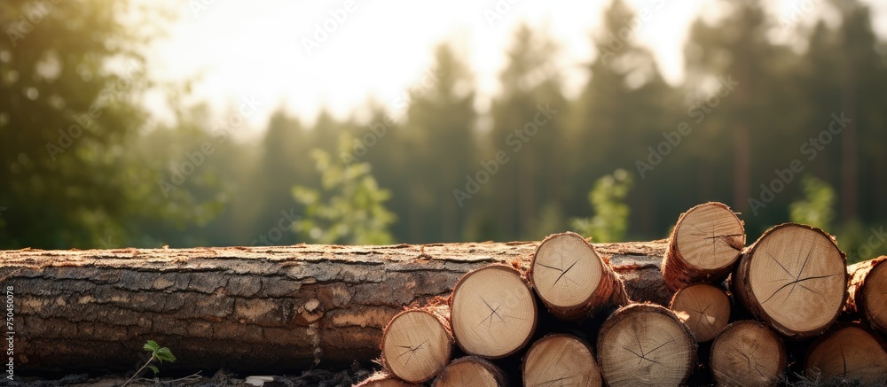 Aufkleber rustic stack of firewood logs with lush forest background