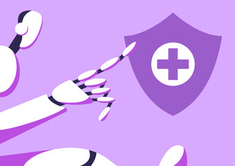 Health insurance with AI robot. Protection concept. Healthcare with artificial intelligence app. Flat vector illustration.