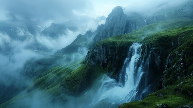 Majestic waterfall cascading down a lush green cliff amidst misty mountainous landscape under a serene blue sky.