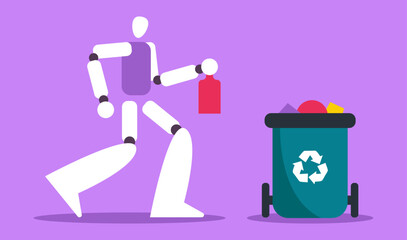 Volunteer Robot clearing the streets of trash and natural debris. AI Waste recycling service. Flat vector illustration.