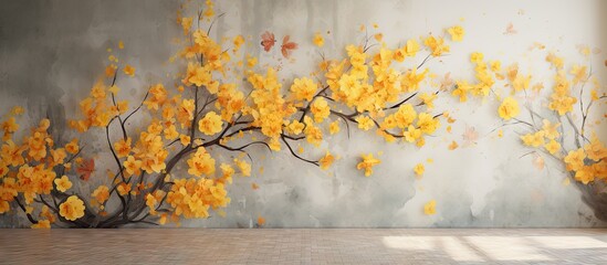 Vibrant Tree Painting with Golden Leaves Blooms on a Wall Artwork