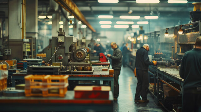 Industrial factory interior with workers operating machinery and equipment. The setting is well-lit, showcasing a busy production floor with various metalworking processes underway.