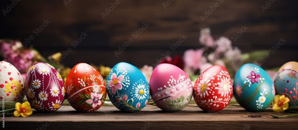 Poster vivid easter eggs adorned with intricate floral patterns on a rustic wooden display stand