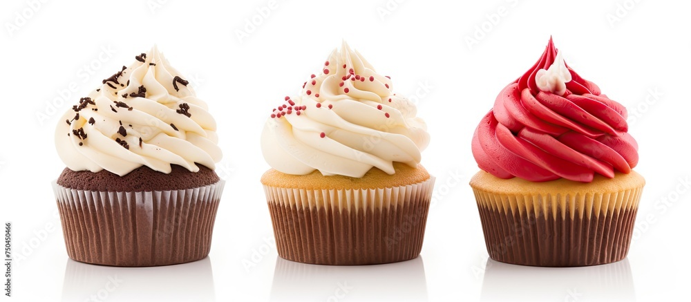Poster three tempting cupcakes with fluffy white frosting and vibrant red frosting on top