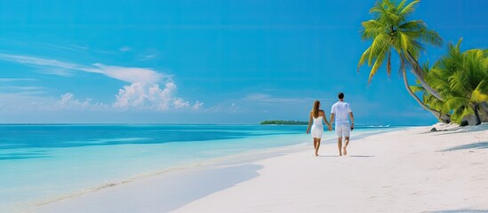 Joyful Couple Embracing the Serenity of a Tropical Beach Paradise with Swaying Palm Trees