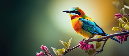 Vibrant Plumage: Exotic Colorful Bird Sits Gracefully on a Delicate Tree Branch