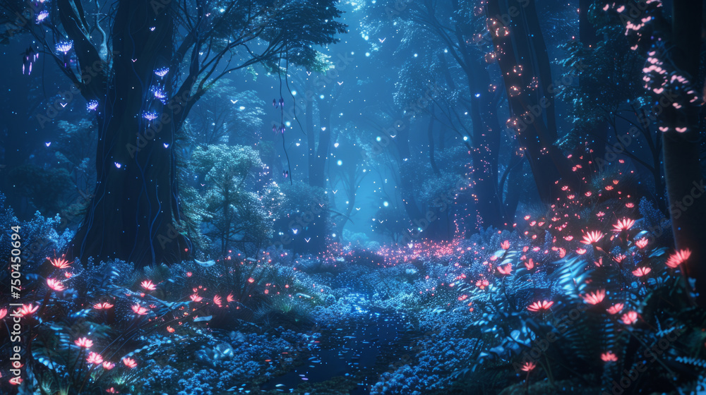 Poster a mystical forest with luminescent flora and a soft blue glow. ethereal lights float through the tre