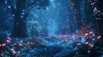 A mystical forest with luminescent flora and a soft blue glow. Ethereal lights float through the trees, highlighting a bed of vibrant, glowing plants.