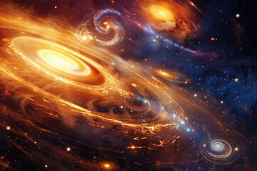 Obraz premium Abstract formations resembling planetary orbits and cosmic trajectories against a backdrop of swirling galaxies