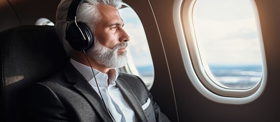 Senior Businessman Enjoying Private Jet Flight with Modern Headphones