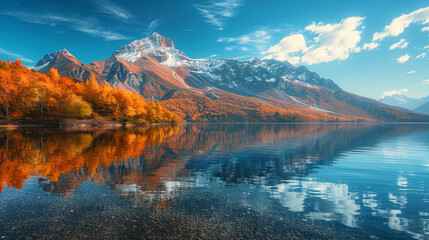 A tranquil autumn scene with a mirror-like lake reflecting the vibrant colors of fall foliage on trees, with majestic snow-capped mountains in the background under a clear blue sky.