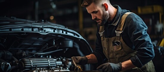 Skilled Mechanic Inspecting Car Engine with Precision and Expertise - obrazy, fototapety, plakaty