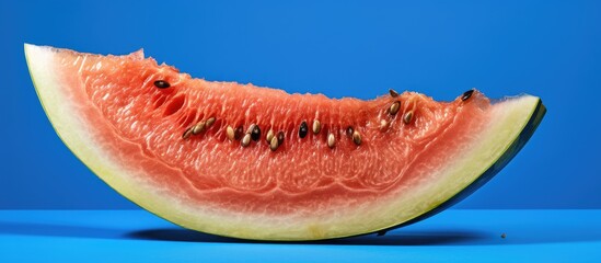 Juicy Watermelon Slice on Cork Against Vibrant Blue Background, Refreshing Summer Fruit Concept