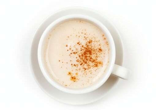 Top-down view of atole served in a plain cup on a matching saucer isolated on a white background. Traditional Mexican beverage concept for design with copy space