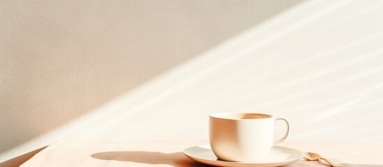 Sunlit Coffee Cup Resting on Beige Table with Morning Shadow, Conceptual Lifestyle Moment