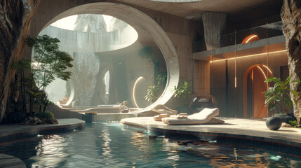A futuristic spa setting featuring a serene indoor pool with stone accents, surrounded by lush greenery and modern lounging areas illuminated by warm lighting.
