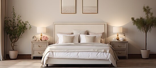 Chic Bedroom Oasis: Stylish Decor with Plush Bed, Plant, and Nightstands
