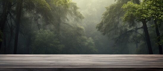 Rustic Wooden Floor Setting with Lush Green Forest Background