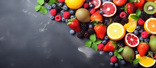 Vibrant Heart Shape Crafted from Fresh, Colorful Fruits and Berries for a Healthy Lifestyle - obrazy, fototapety, plakaty