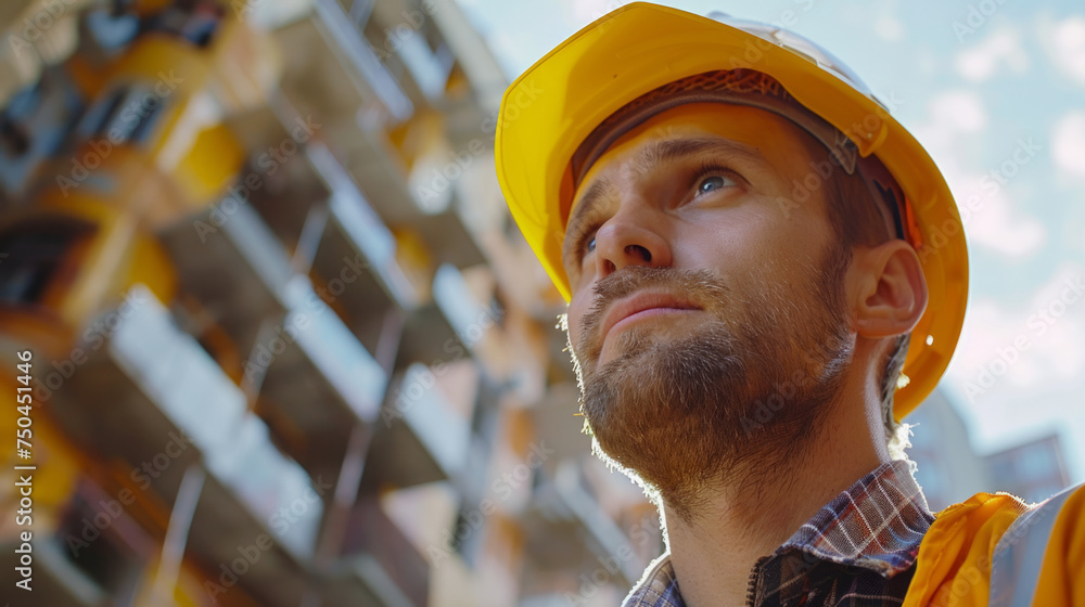 Poster close-up of a construction worker in a hard hat looking up thoughtfully against the backdrop of a co