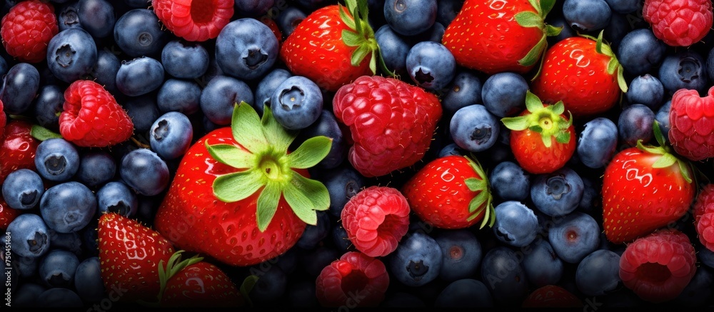 Poster vibrant fresh berries and blueberries arranged in a colorful panoramic display for summer delight
