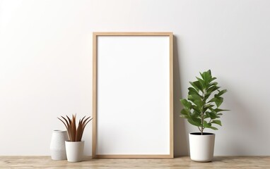 Fototapeta na wymiar Blank wooden picture frame mockup on off white wall in modern interior. Vertical artwork template mock up for artwork, painting, photo or poster in interior design with green plants. AI Generative.