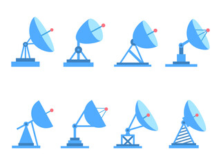 Radio telescope icon set isolated on white background. Parabolic antenna. Satellite dish. Satellite antenna various types. Icon design for print, banners and advertising. Vector illustration