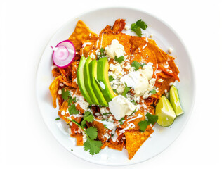 Top-down view of neatly plated chilaquiles with avocado and sour cream isolated on a white background. Traditional Mexican breakfast dish concept for menu design