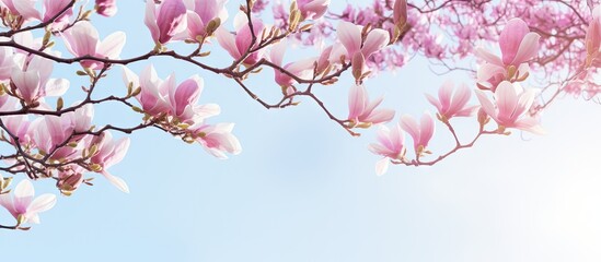 Vibrant Pink Magnolia Blooms Contrast Against Clear Blue Sky Background