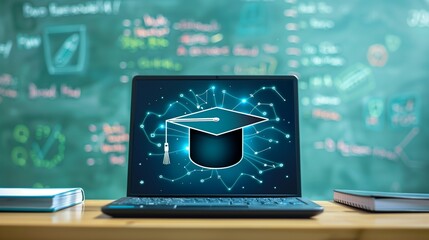 Online education and distant study, showcasing digital devices like laptops or tablets, possibly with educational websites on screen, alongside study materials such as notebooks, pens, and textbooks.