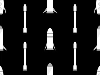Spaceships seamless pattern. Orbital launch vehicle. White space rockets on a black background. Spaceships for space exploration and interplanetary flights. Vector illustration