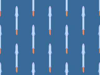Spaceships seamless pattern. Orbital launch vehicle. Space rockets in flat style. Spaceships for space exploration and interplanetary flights. Design for banners and posters. Vector illustration