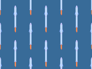 Spaceships seamless pattern. Orbital launch vehicle. Space rockets in flat style. Spaceships for space exploration and interplanetary flights. Design for banners and posters. Vector illustration