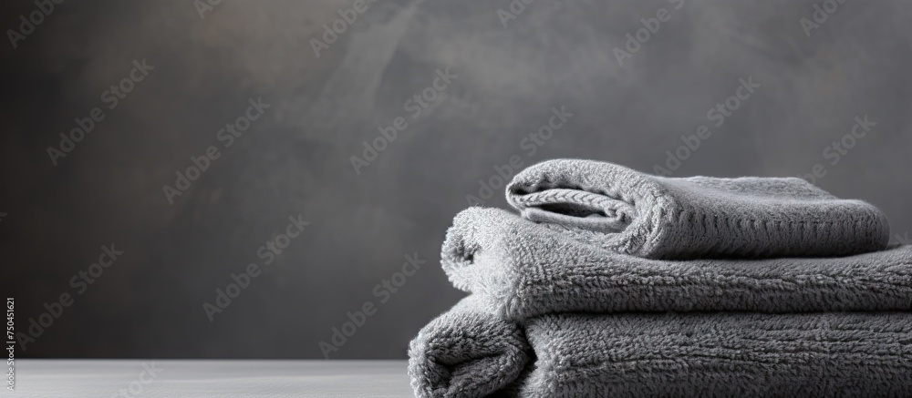 Poster vibrant towels arranged neatly on wooden table surface for fresh and clean linen display