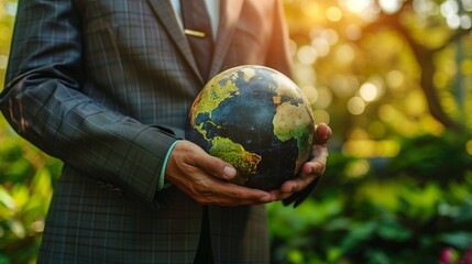A conscientious businessman in a suit cradles a glowing globe symbolizing Earth in his hands, representing a commitment to ESG. - obrazy, fototapety, plakaty